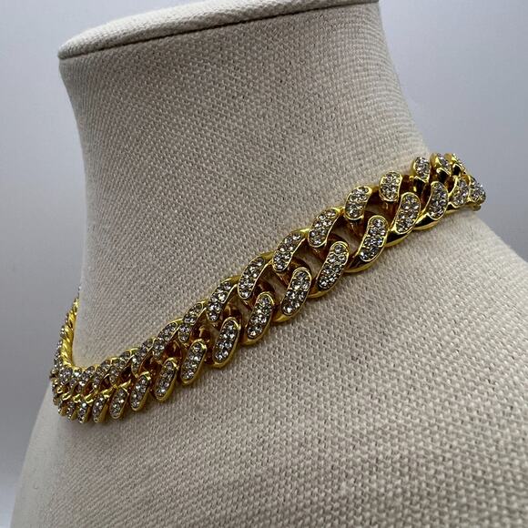 Pave Rhinestones Chunky Cable Chain Necklace 15.5” Gold Toned Snap Clasp - Picture 4 of 10